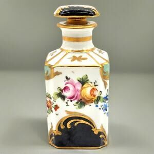 Antique French Porcelain Perfume Bottle Hand Painted Floral Gold Trim Hex Jar